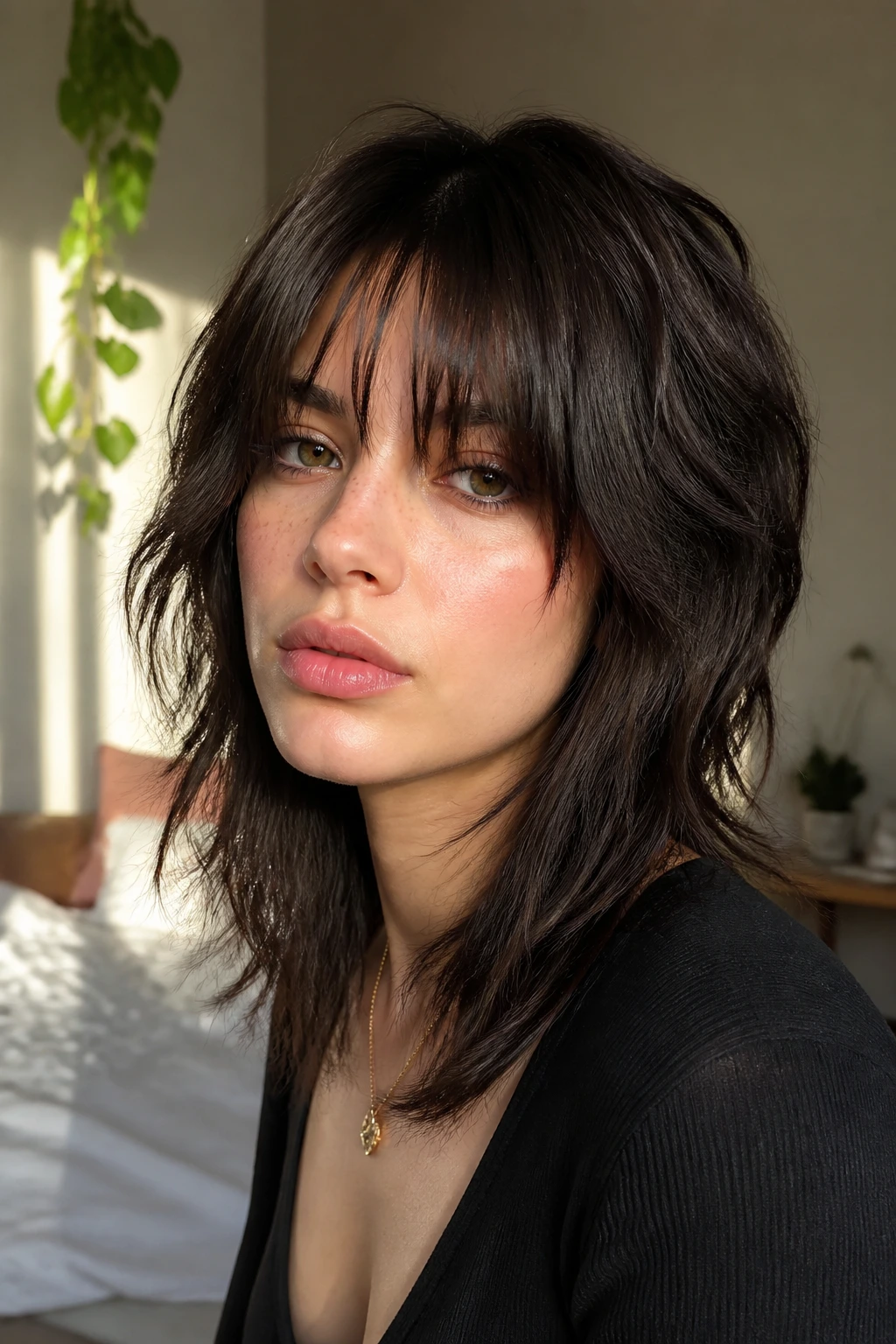 Close-up portrait of a real woman with Wolf Cuts With Bangs hairstyle in warm window light