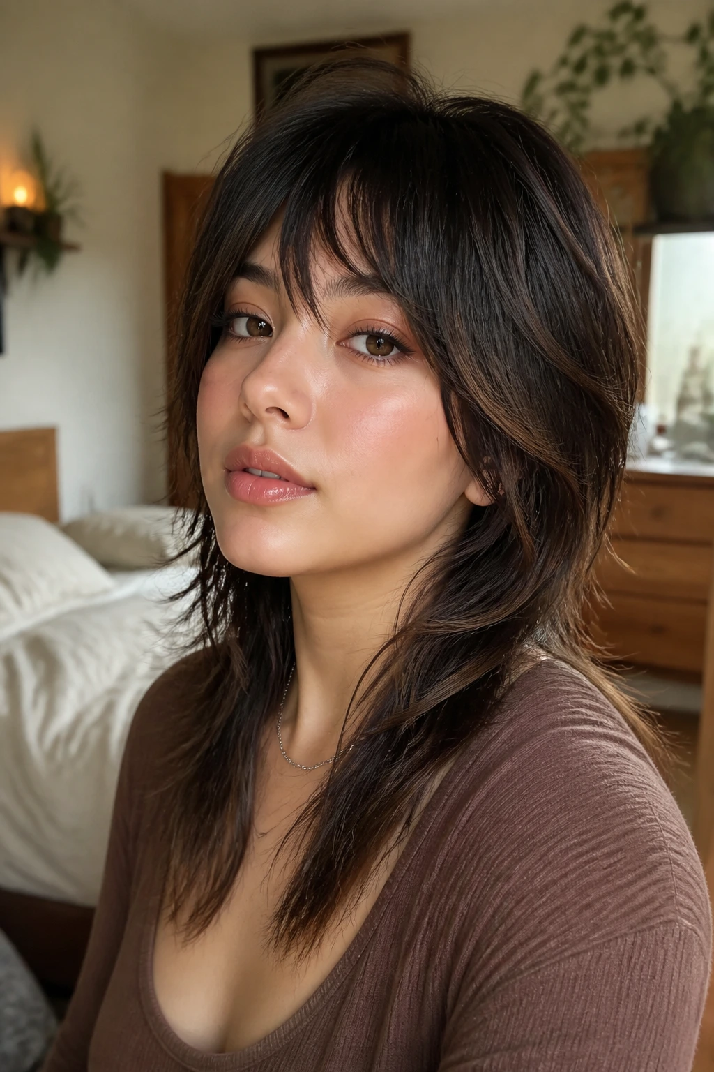 Close-up of a real person with a wolf cut on a round face showing crown lift and cheek-length layers