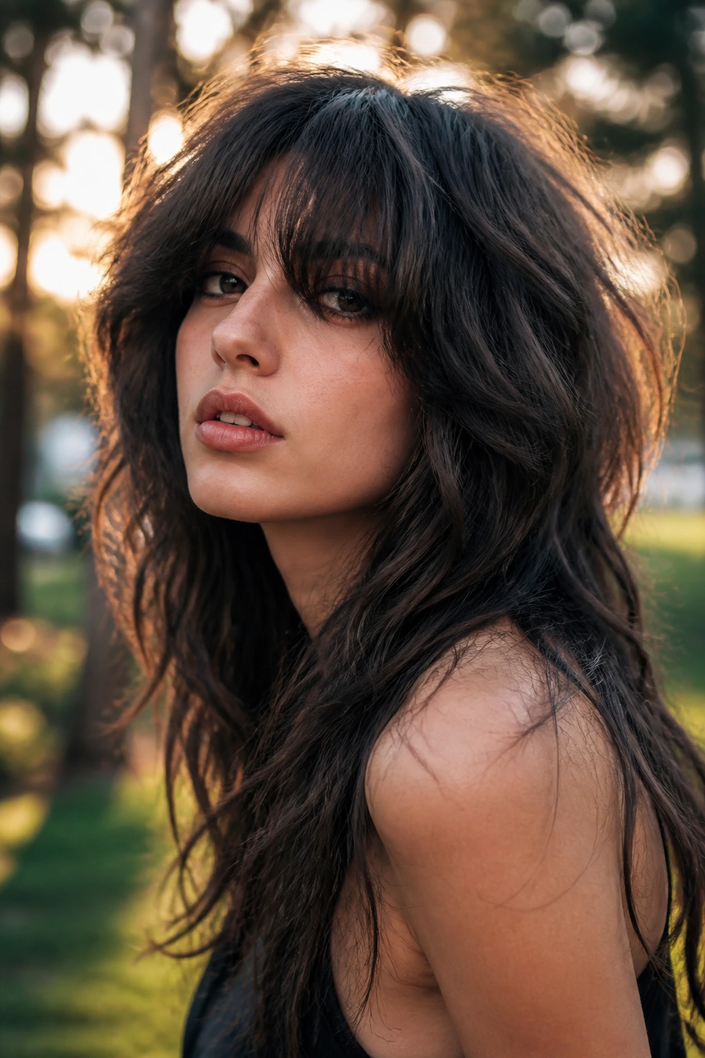 Portrait of a real person with wolf-edge shag and long bangs in natural light.