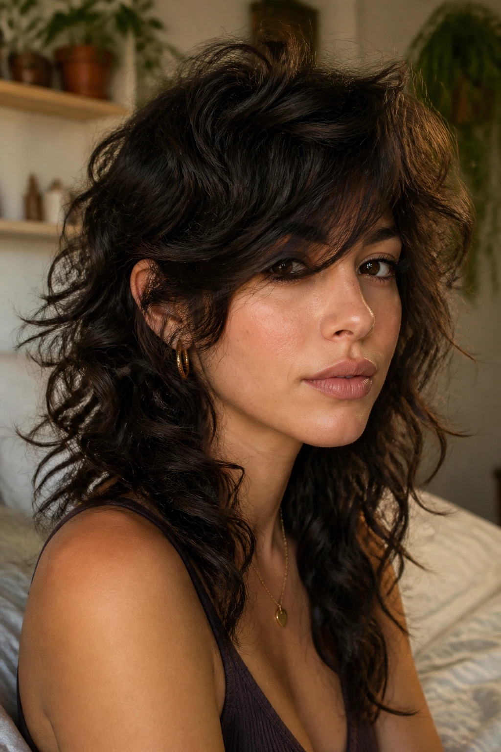 Close-up portrait of a real woman with Wolf-Edge Shag and long swooping bangs, thick curls