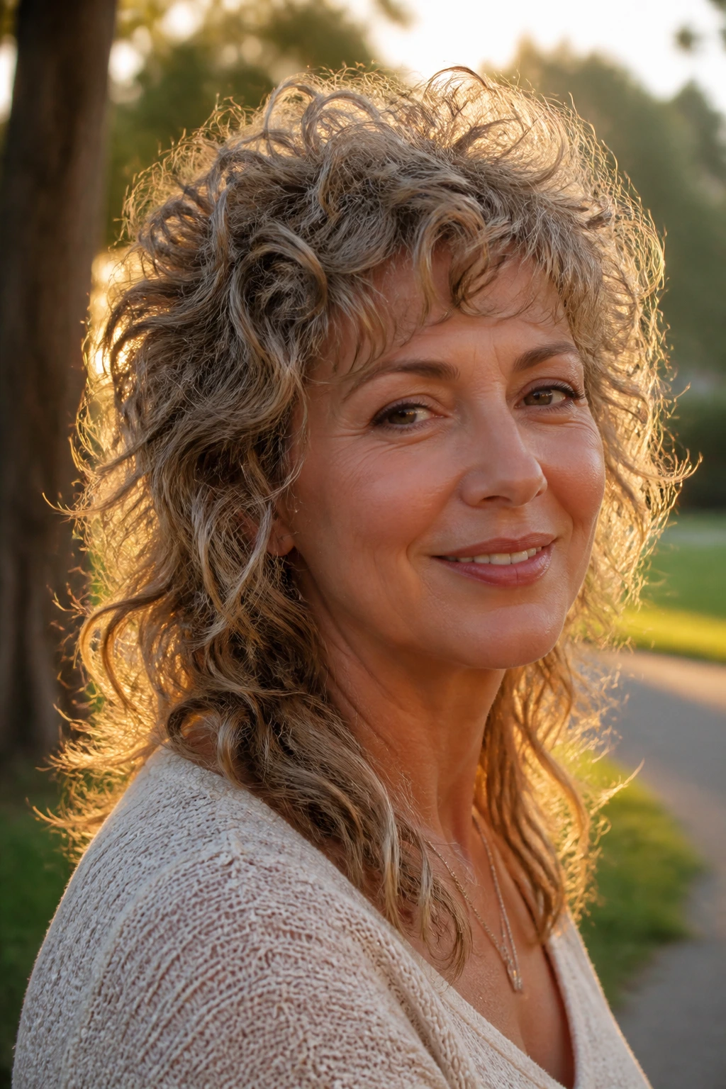 Close-up of a real woman with wolf-inspired curly shag in a sunlit park