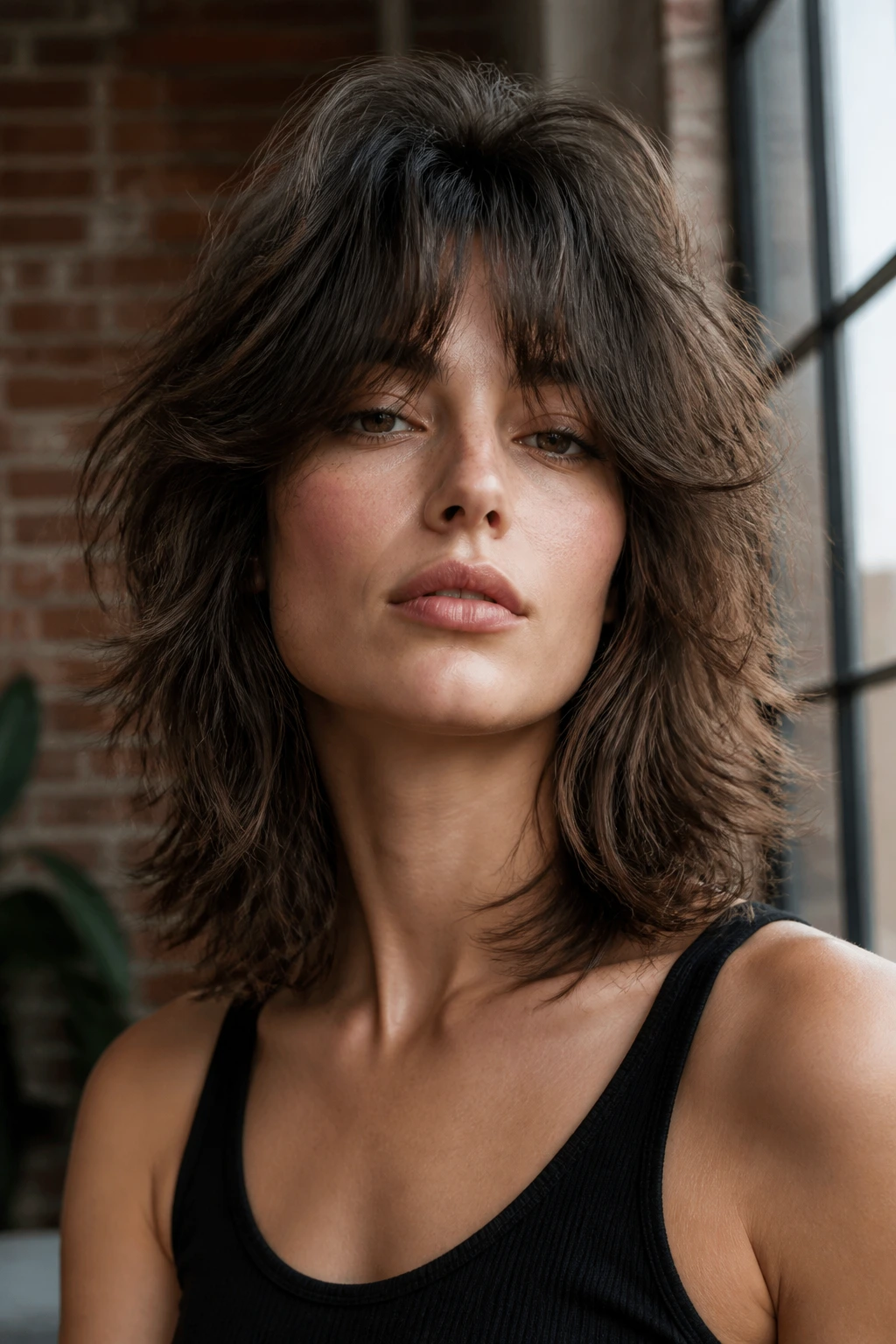 Close-up of a woman with wolf-inspired medium shag and curtain bangs in urban loft light