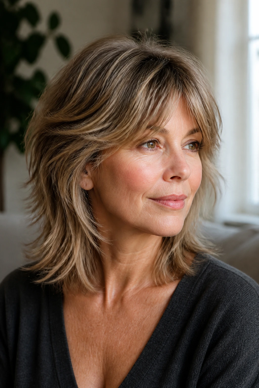 Close-up portrait of a real woman with a soft wolf-inspired midi haircut in warm window light