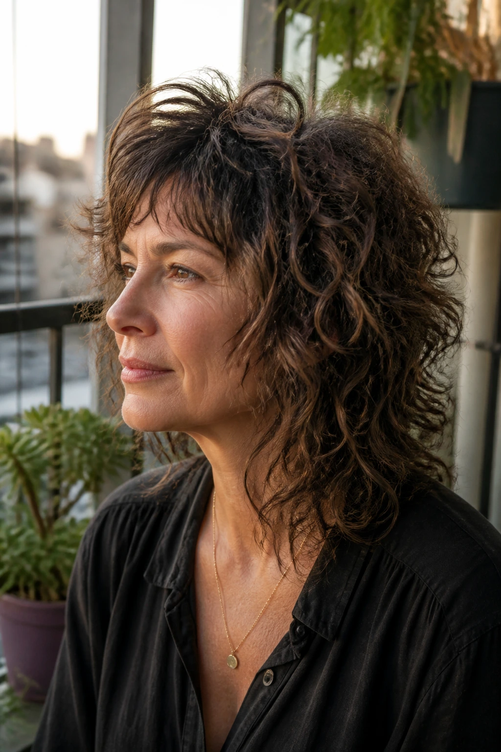 Portrait of a real person with soft wolf-inspired shag hairstyle
