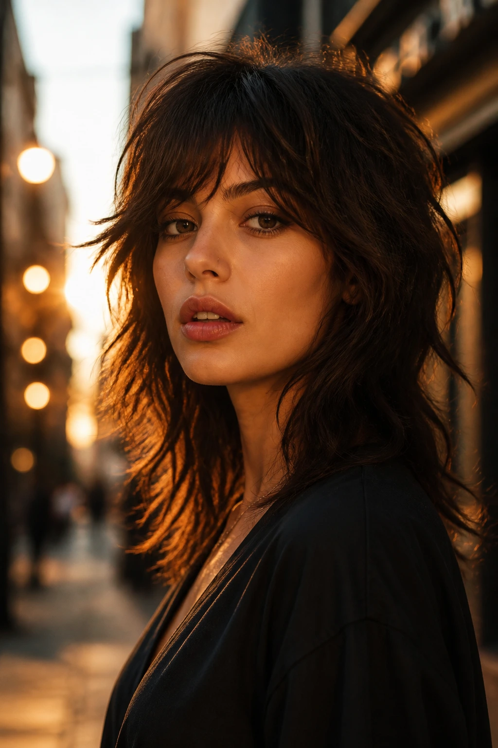 Close-up of real woman with wolf-inspired shag silhouette under golden hour street lights