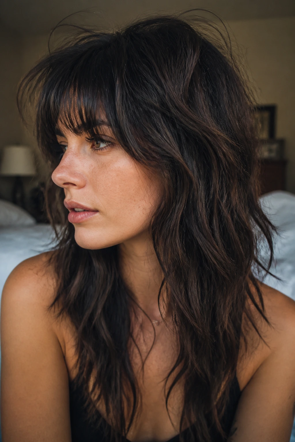 Close-up portrait of a woman with wolf-lean shag and chunky fringe in warm window light