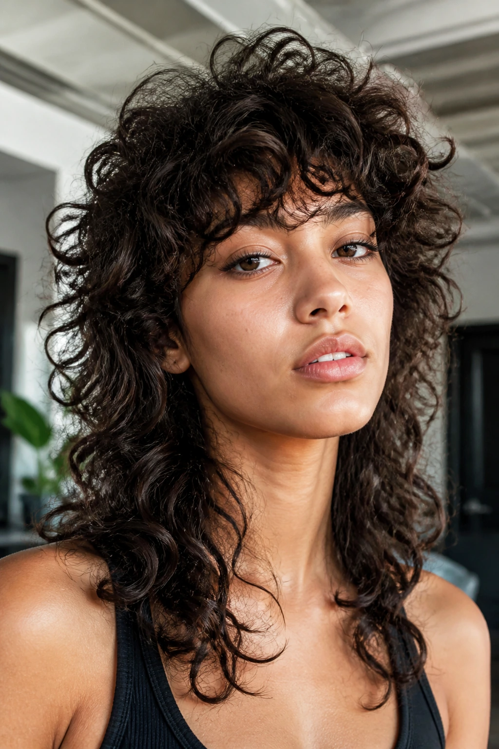 Portrait of a real person with wolf-leaning curly shag showing big texture