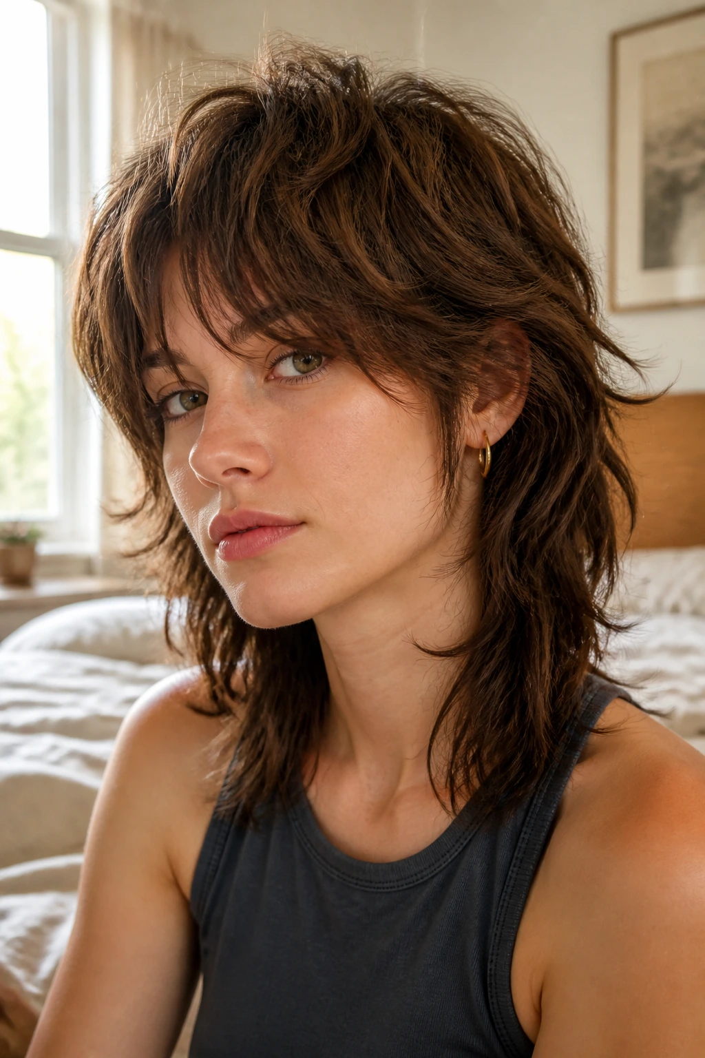 Close-up of Wolf-Light Shag hairstyle on a real person in a sunlit bedroom