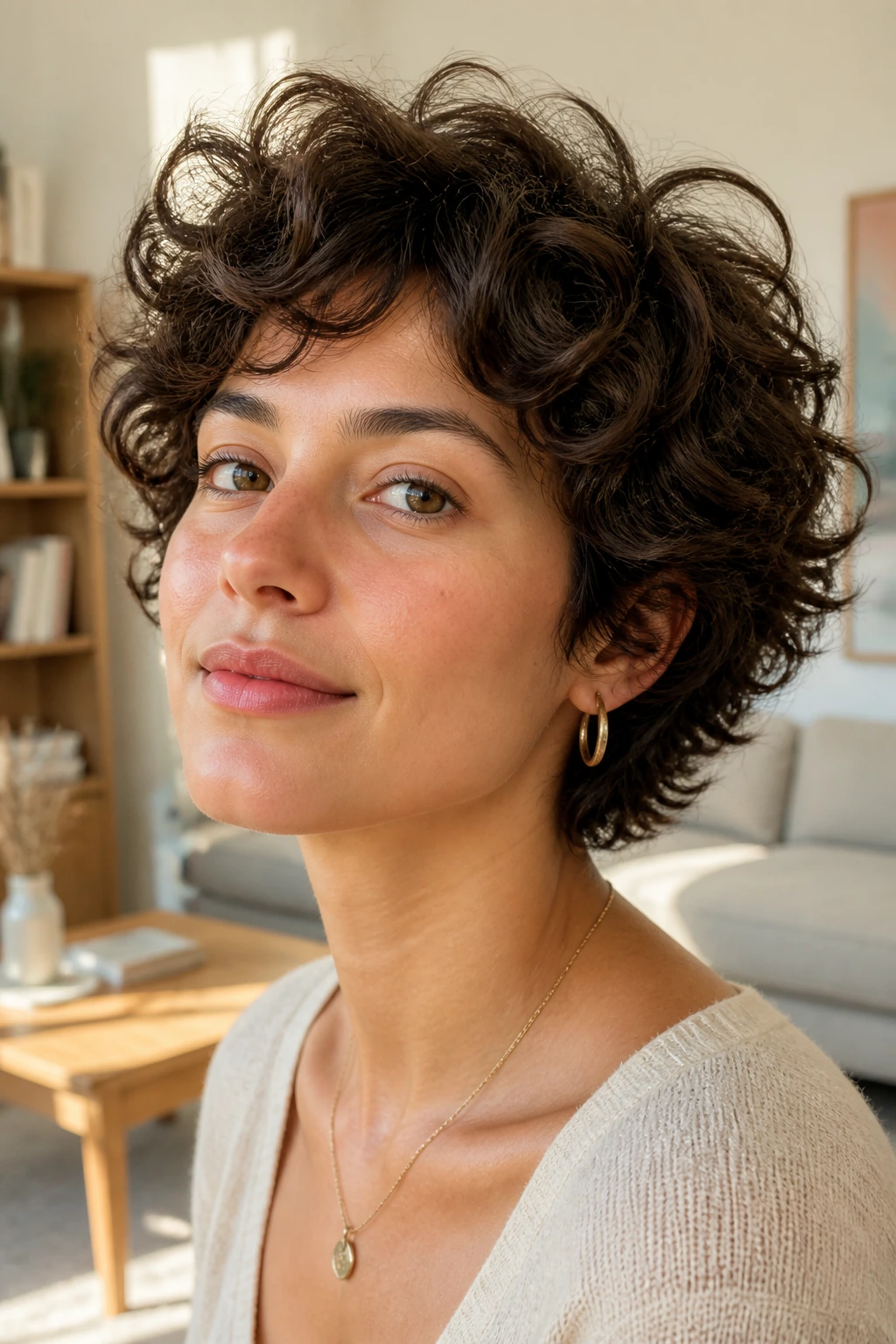Close-up of a person with Rounded Wolf-Lite haircut in a sunlit living room