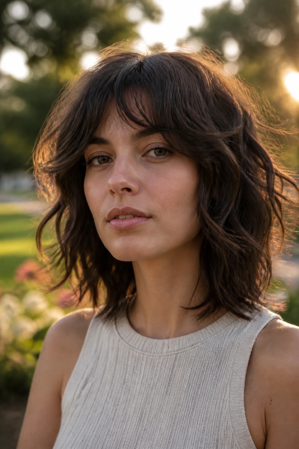Real person with shoulder-length wavy wolf-lite cut outdoors at golden hour