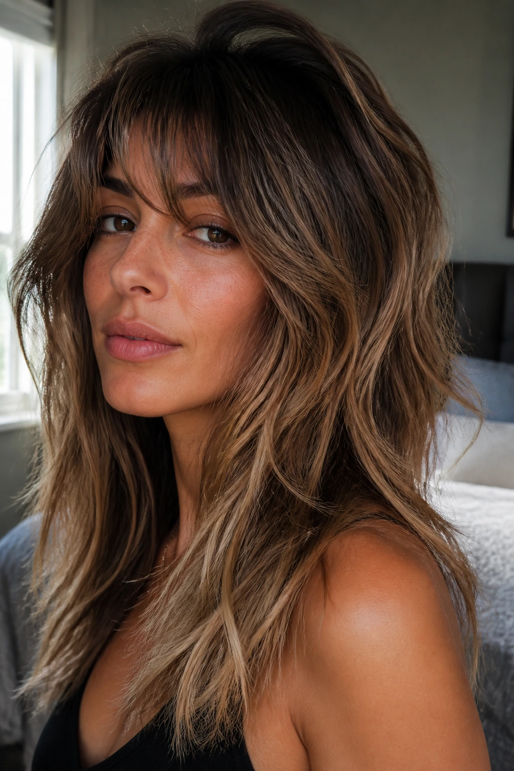 Close-up portrait of a real woman with Wolf-Lite Layers For Thick Hair showing crown lift and blended ends