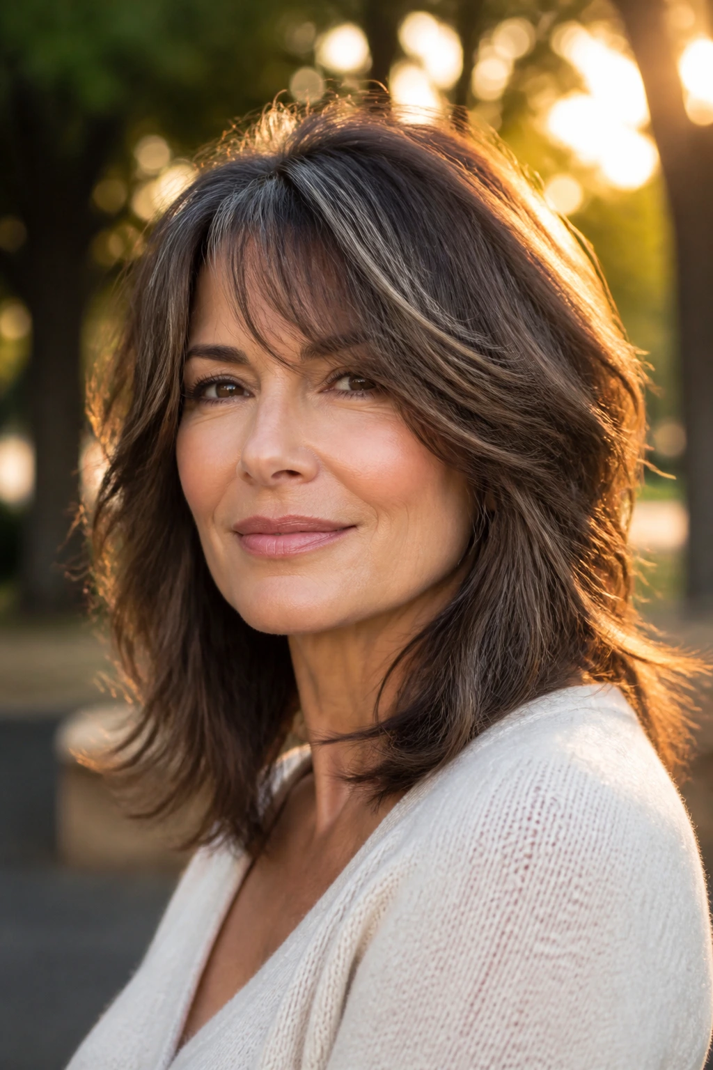 Portrait of real woman with wolf-lite medium hairstyle in park light