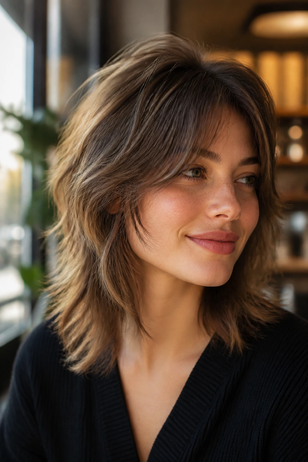 Close-up portrait of a real person with a wolf-lite midi cut under warm cafe window light.