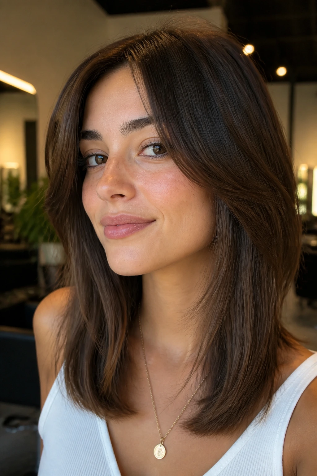 Close-up portrait of a real person with a blowout-friendly wolf lob and smooth perimeter weight