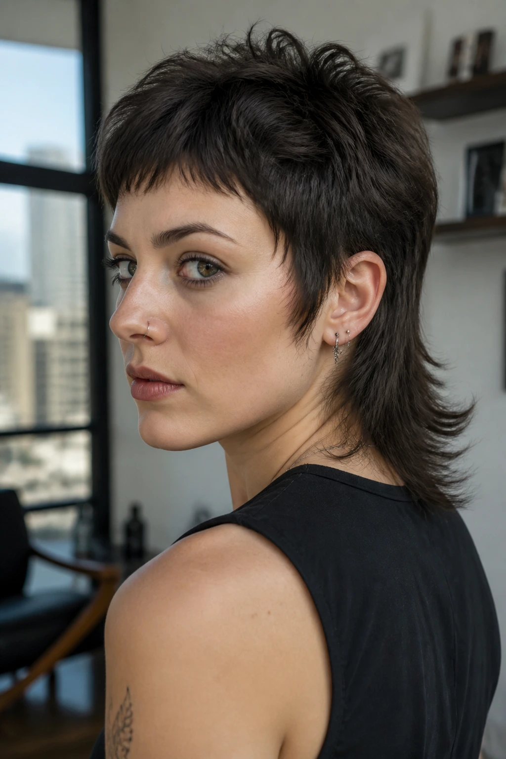 Portrait of a real person with a balanced short wolf mullet maintaining shape