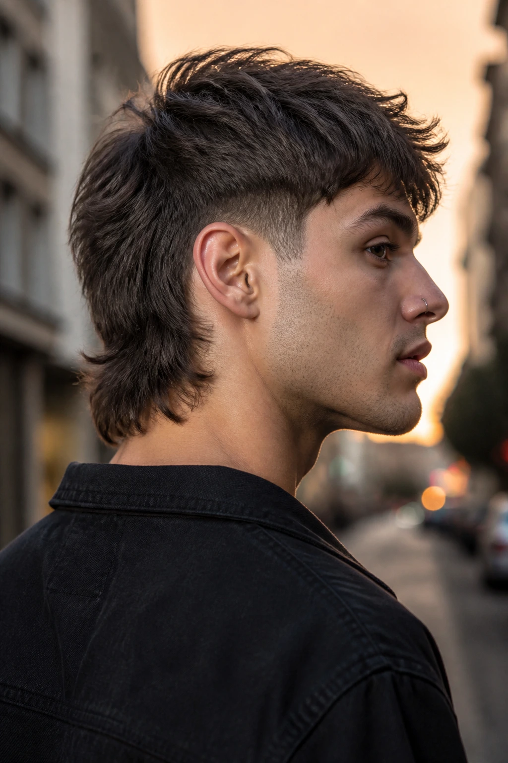 Close-up profile of a real person with wolf mullet and tapered nape
