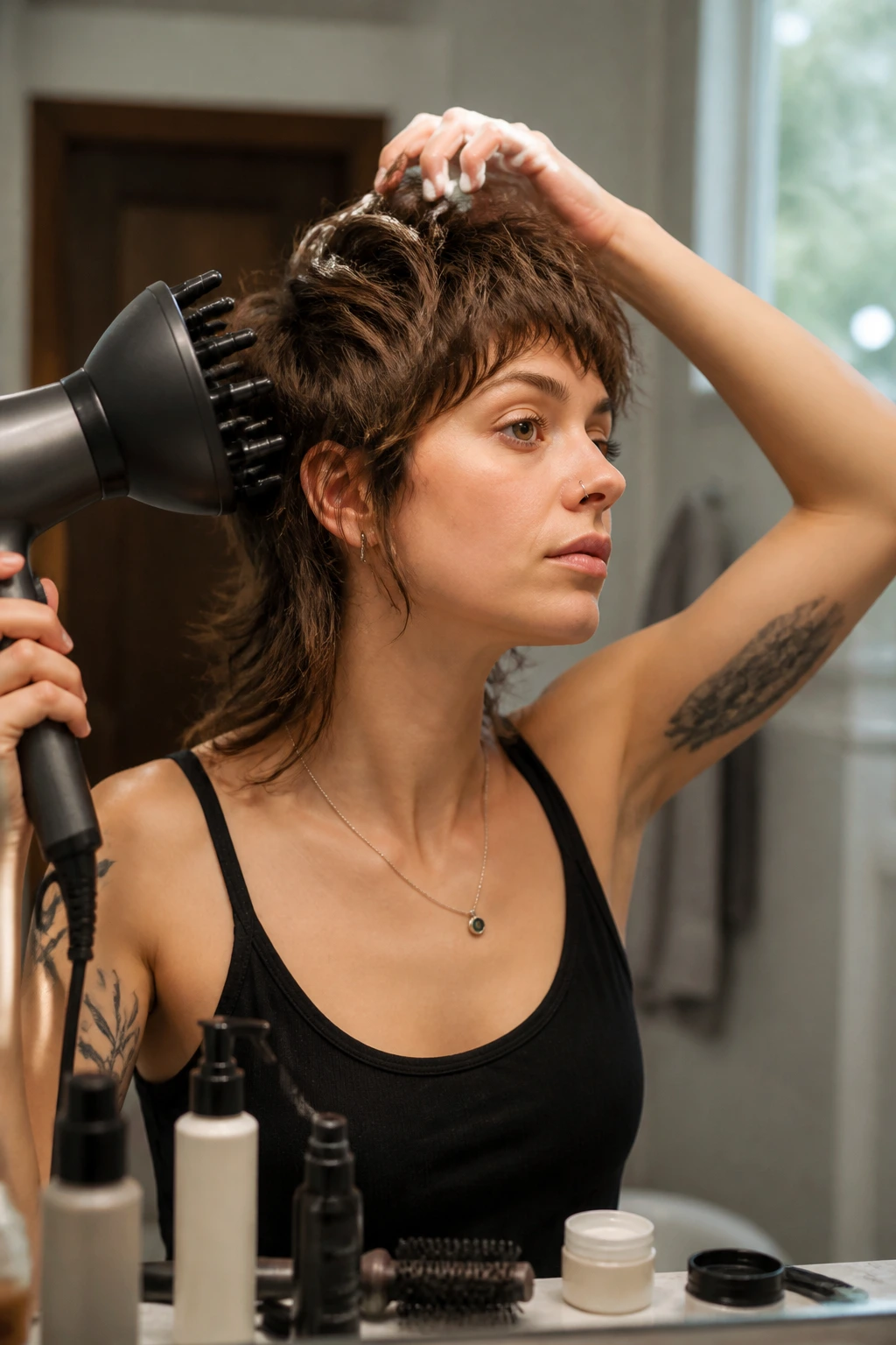 Real person applying hair products to a wolf mullet at a bathroom vanity, crown lifted with help from tools.