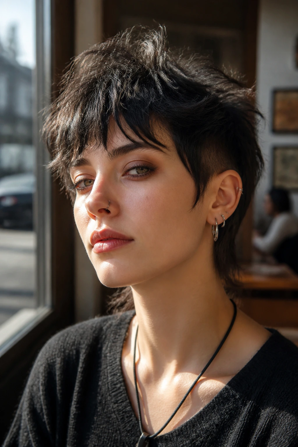 Close-up portrait of a real person with Wolf Pixie Hybrid hairstyle featuring cropped sides and a messy crown