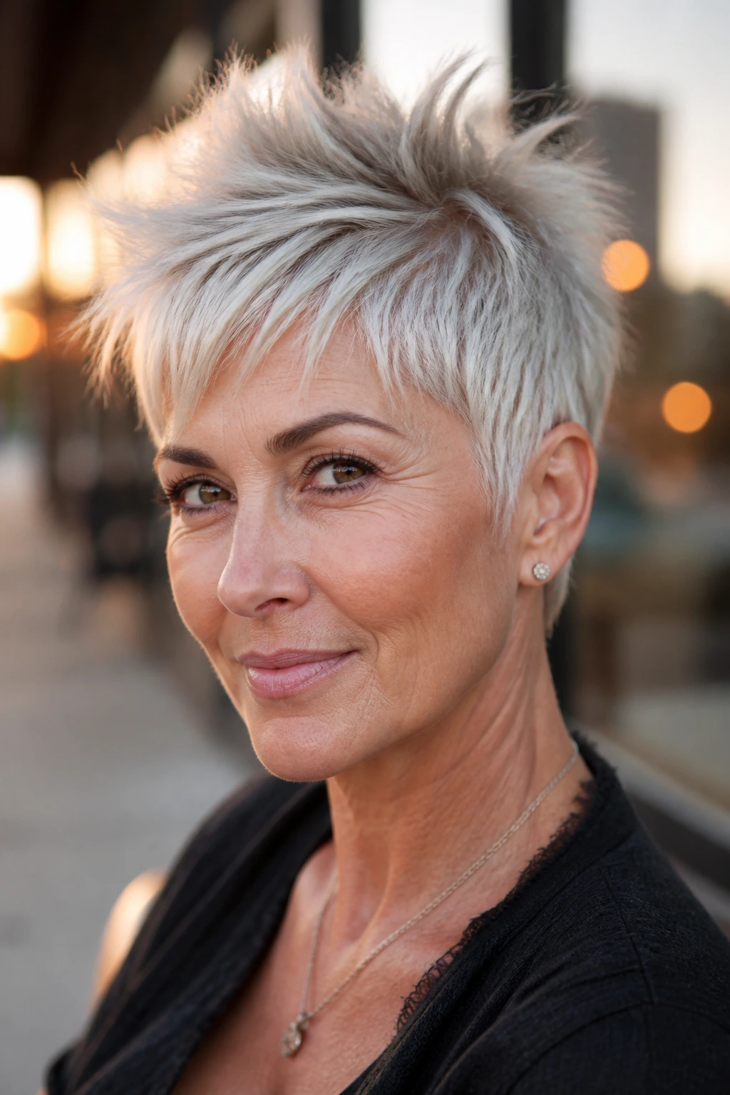 Portrait of a woman with wolf pixie cut and spiky crown in platinum