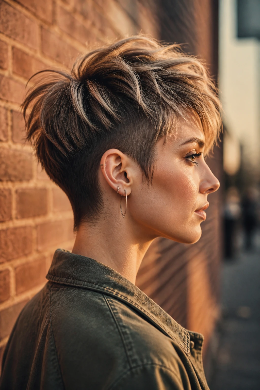 Close-up portrait of a real woman with a wolf pixie and tapered back