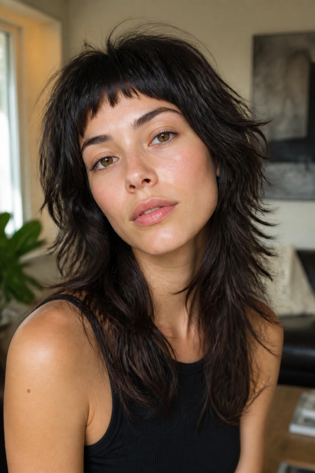 Real person with wolf shag hairstyle and baby bangs in a cozy living room