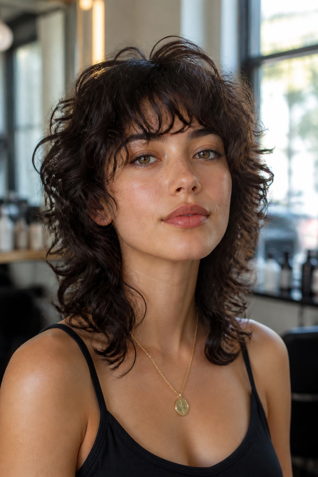 Close-up portrait of a real woman with balanced oval wolf shag hairstyle and crown lift