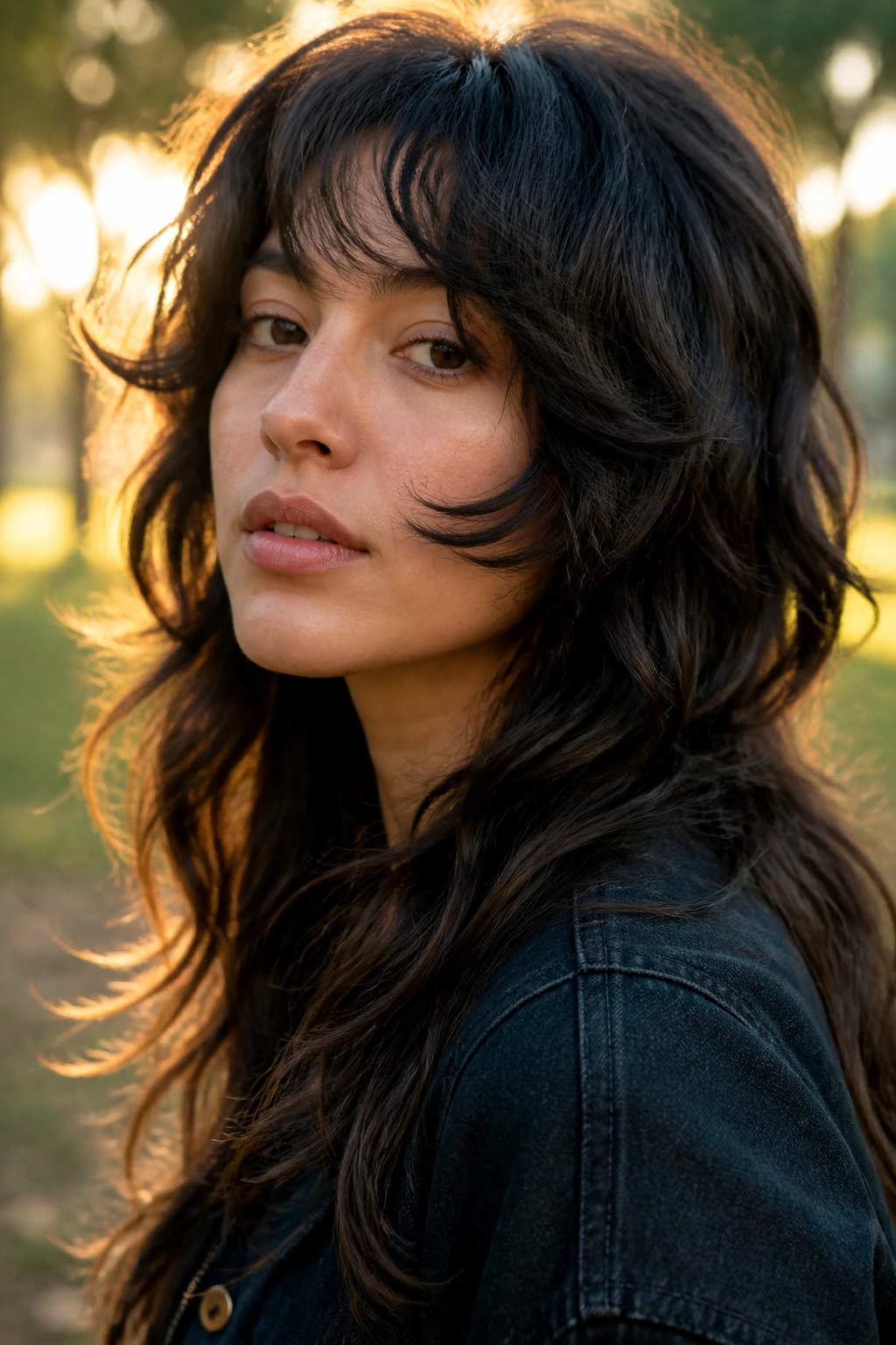 Portrait of a real woman with cheekbone-flick wolf shag, long waves framing the face in golden-hour park light