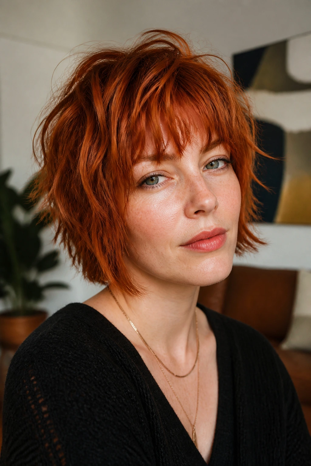 Close-up portrait of a woman with chin-length red wolf shag in soft indoor light