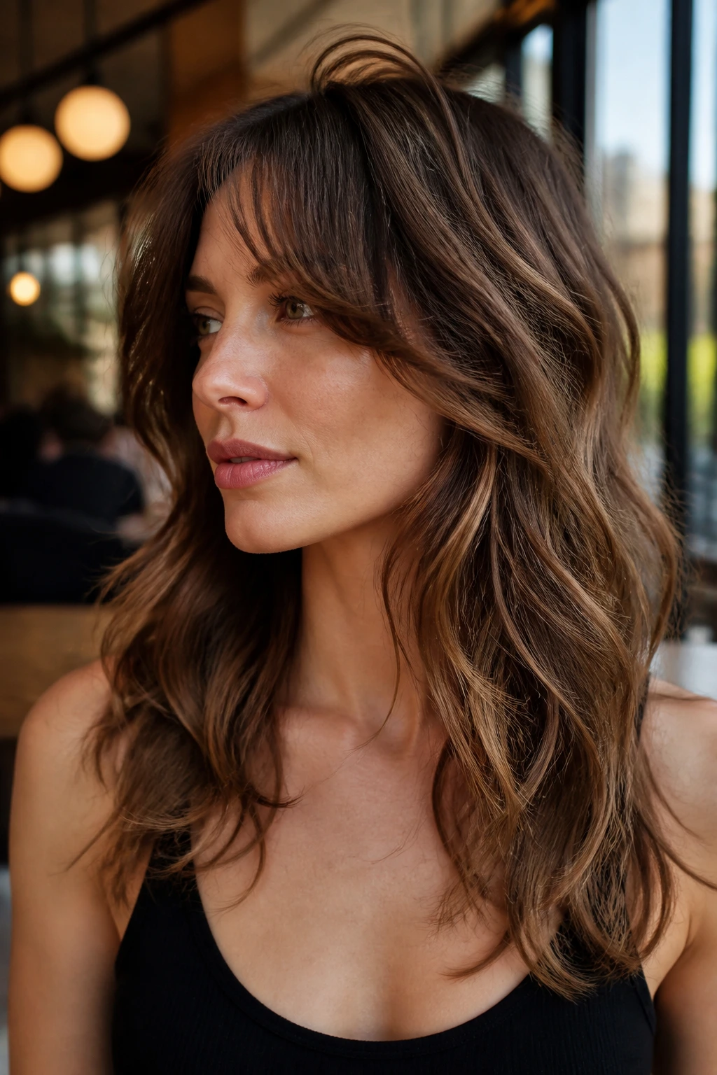 Close-up of a real woman with collarbone sweep wolf shag