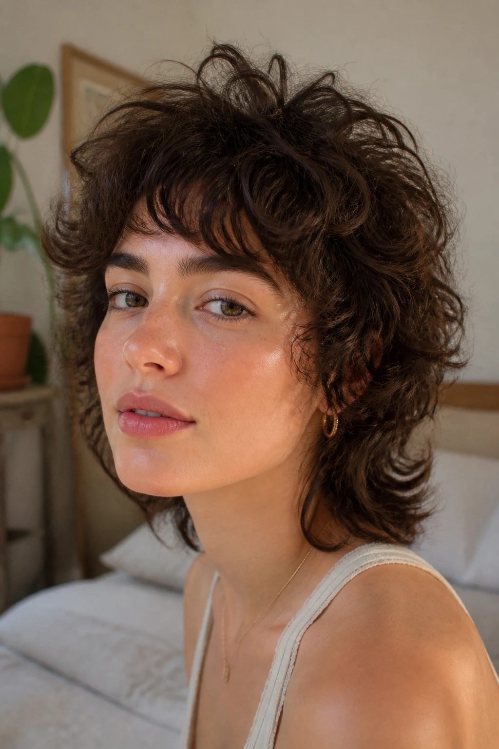Close-up of a real woman with short wolf shag and airy crown layers