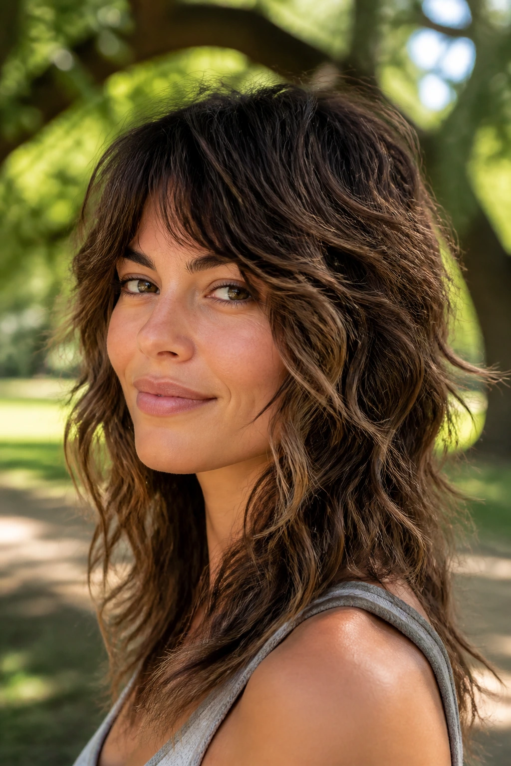 Real woman with soft wolf-shag hairstyle amid a sunlit park