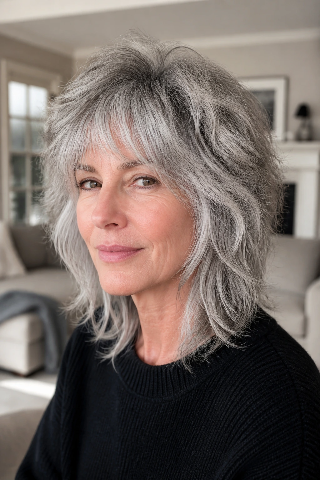 Close-up portrait of a real woman with a Grown-Out Wolf Shag on gray hair.