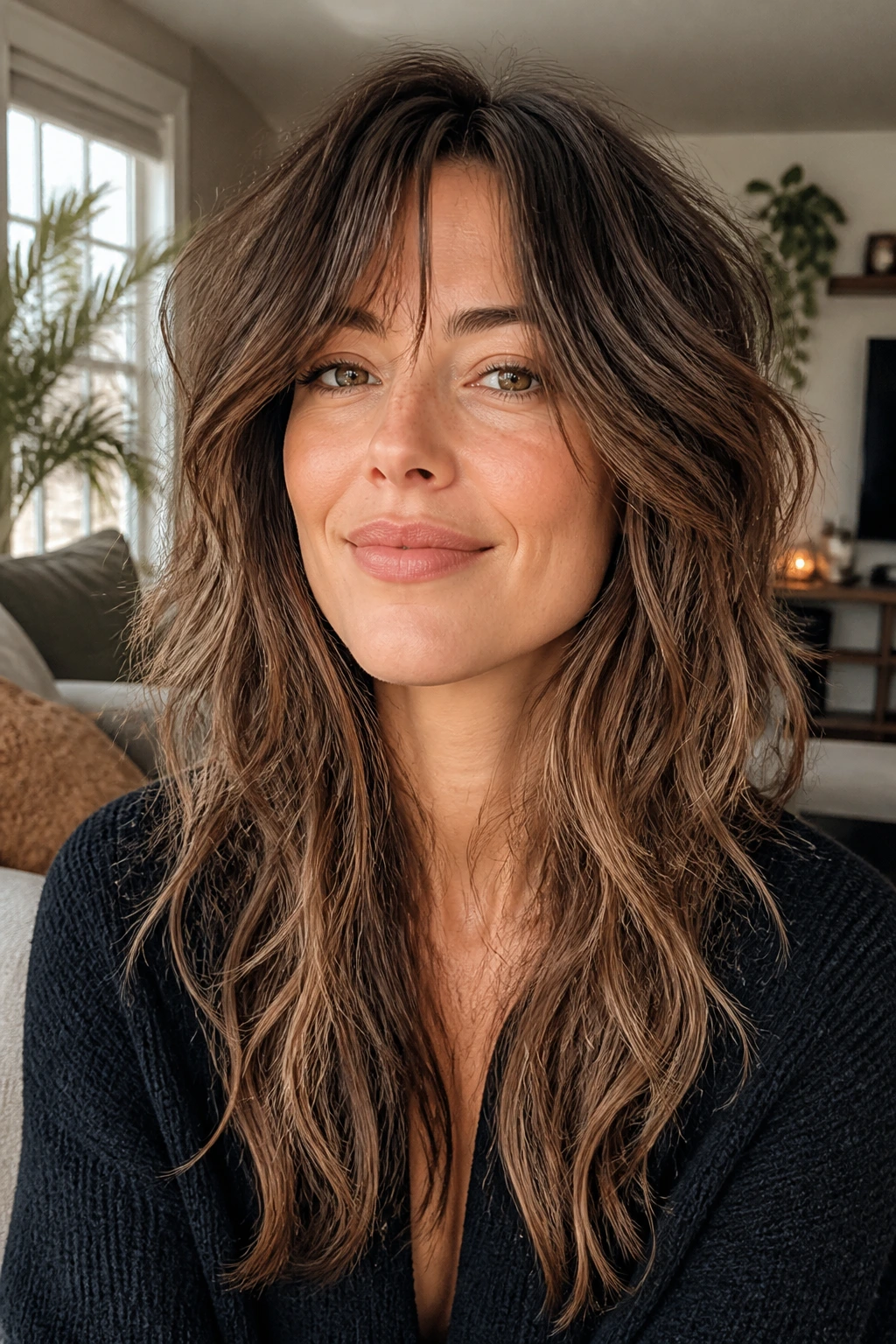 Close-up of a real woman with grow-out friendly wolf shag