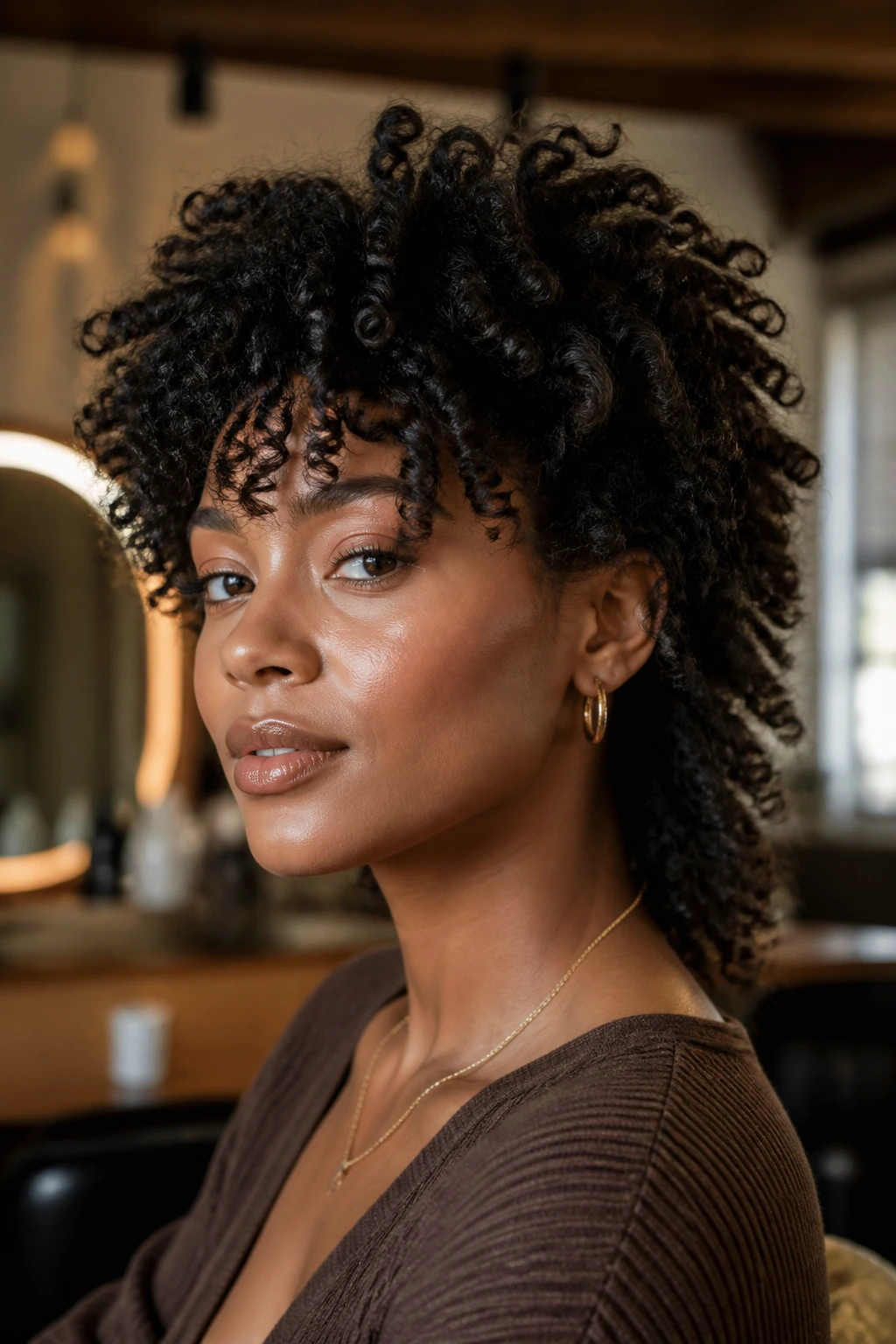 Close-up portrait of a real woman with a Wolf-Shag Hybrid hairstyle featuring a chunky crown and longer nape