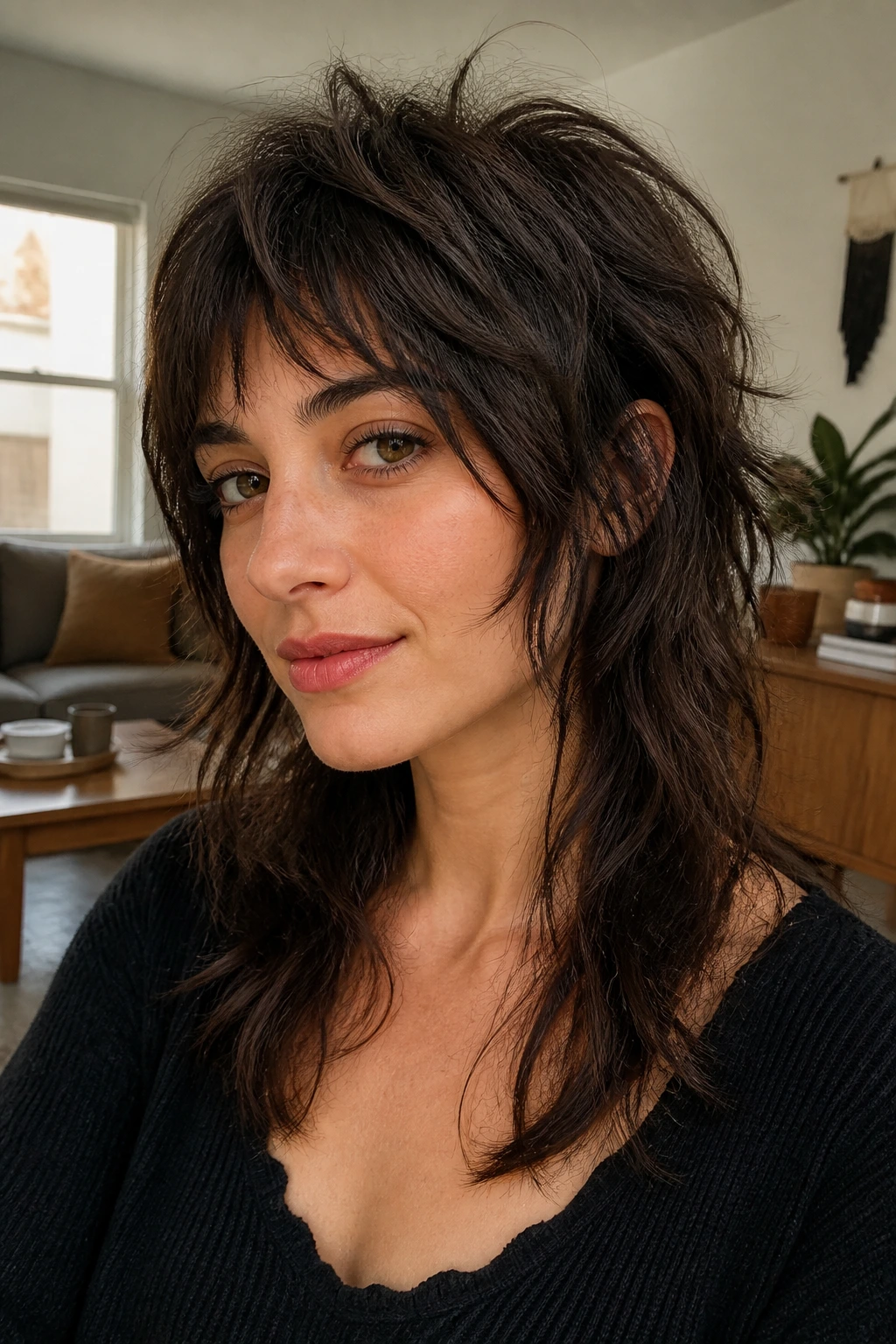 Close-up portrait of a real woman with Mid-Length Wolf-Shag Hybrid hairstyle