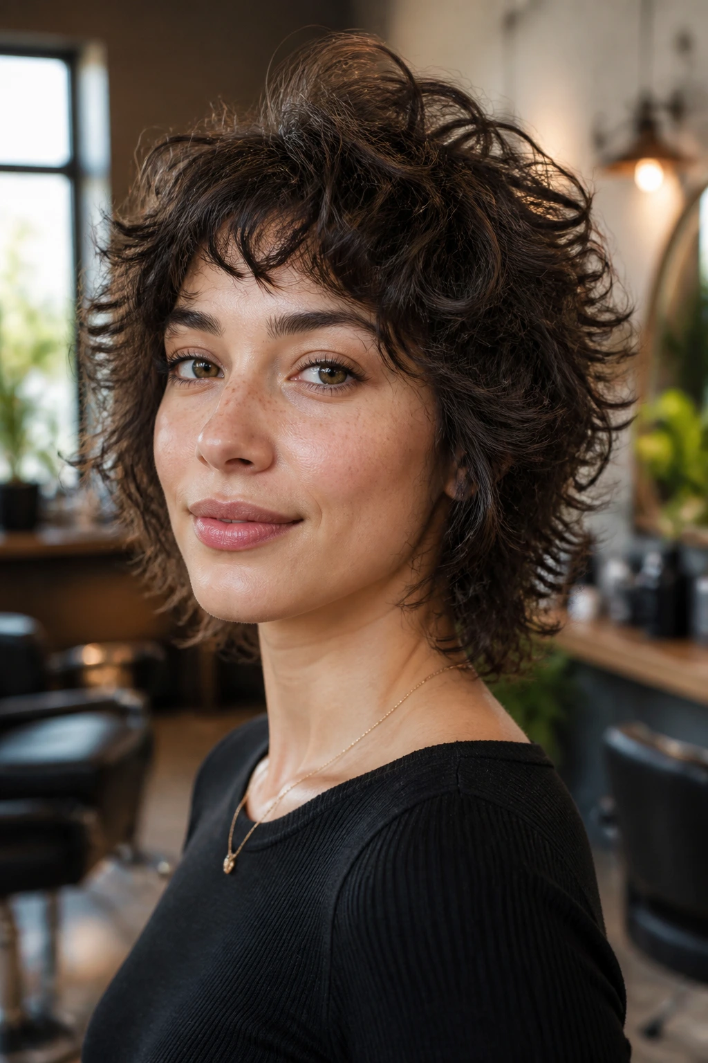 Close-up portrait of a real woman with short curls in a soft crown-lift wolf shag