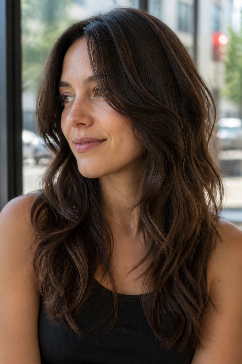 Real woman portrait with invisible-layer wolf shag showing movement