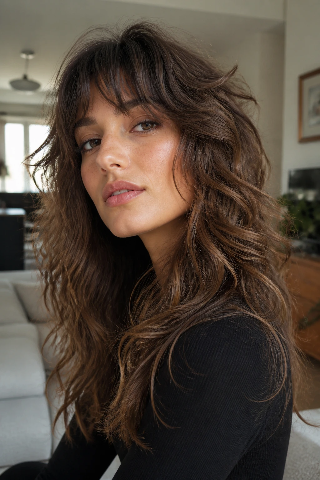 Close-up of a person with wolf shag layers shaping wave movement
