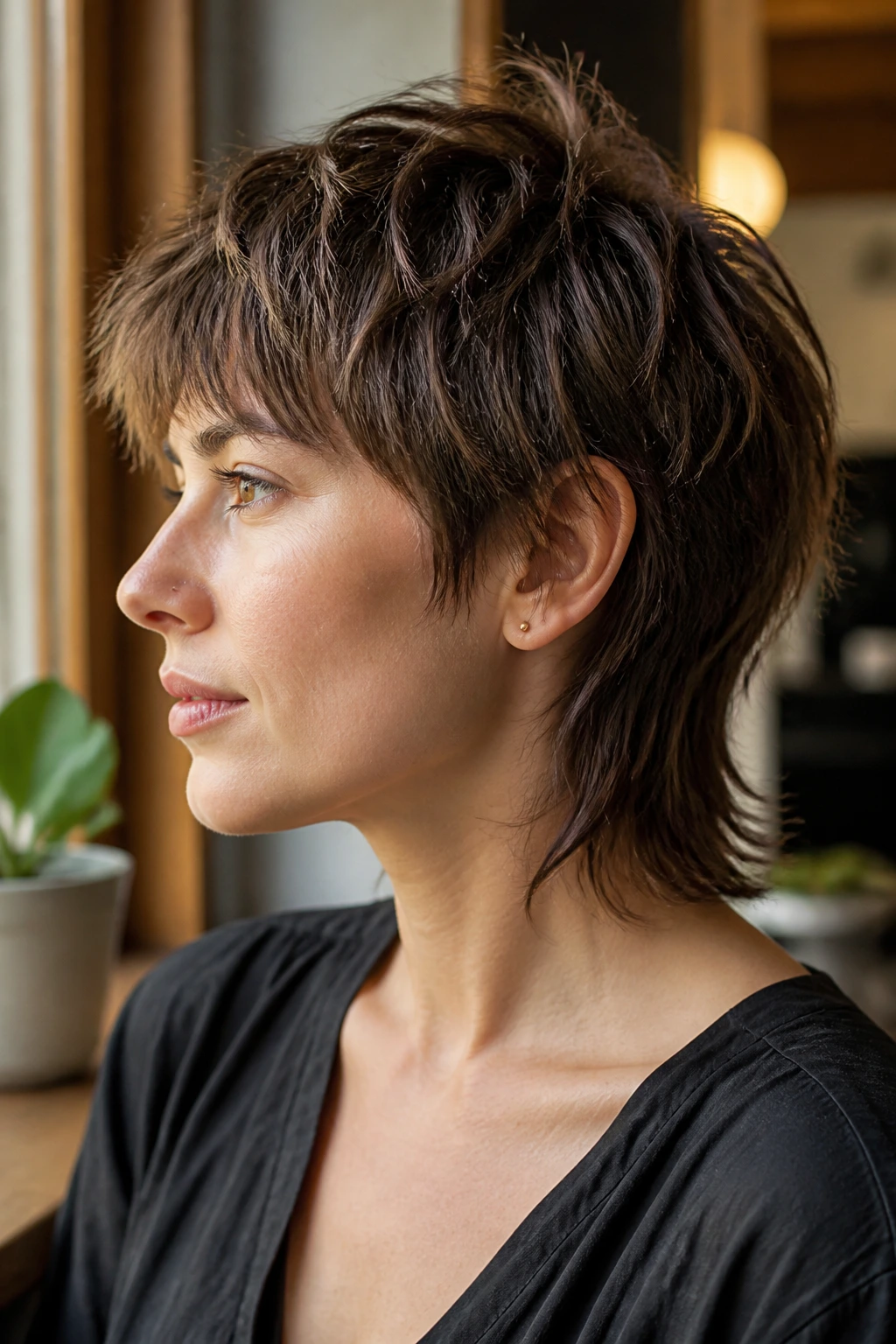 Close-up portrait of a woman with Wolf Shag Lite hairstyle featuring textured crown and longer nape in a warm salon setting