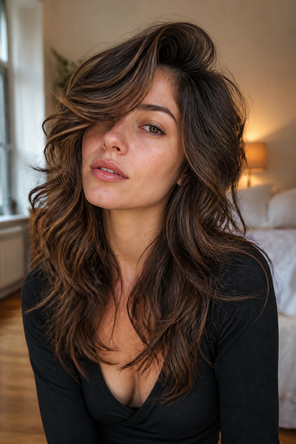 Close-up portrait of a real woman with a deep side-part wolf shag and long wavy hair in warm window light