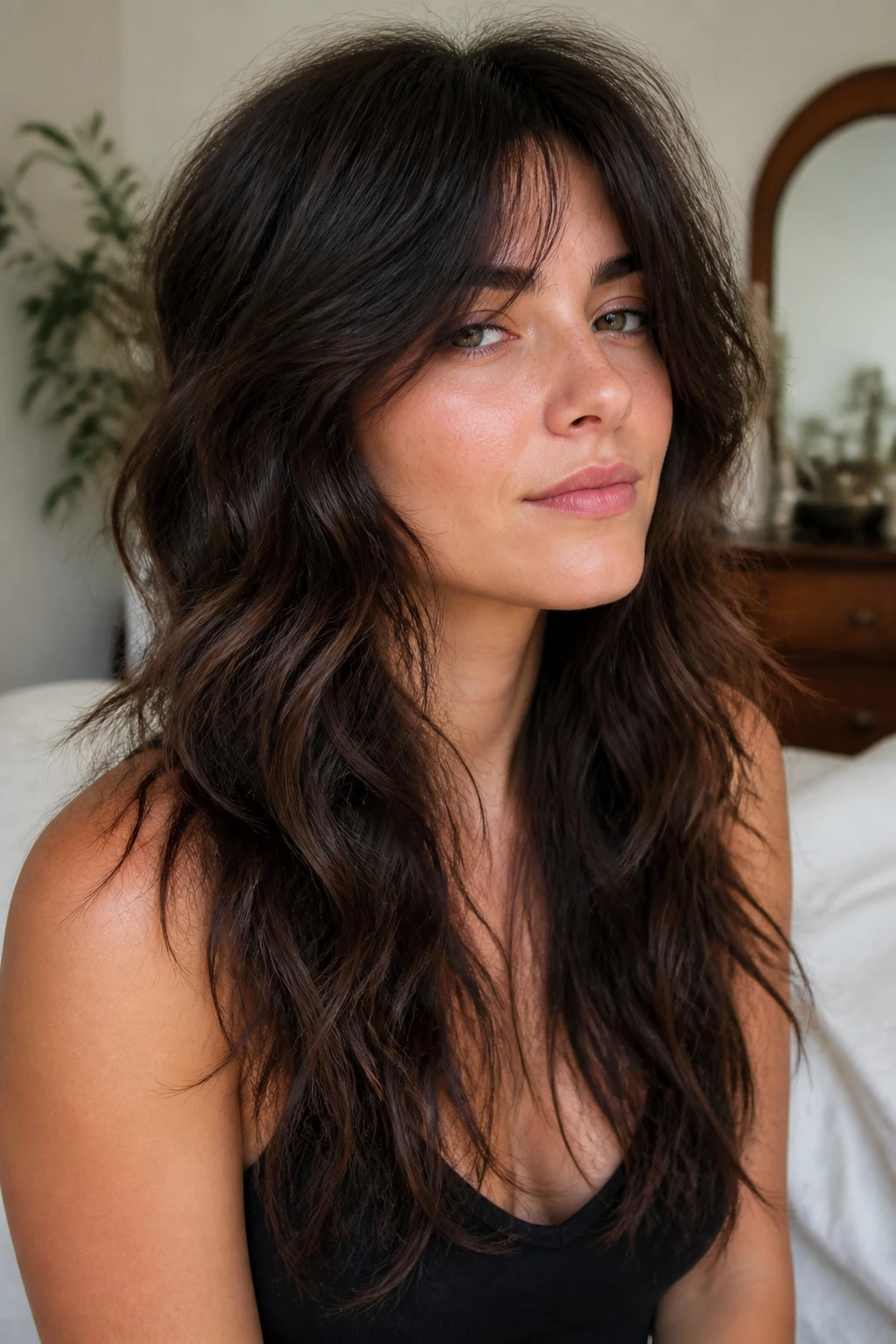 Portrait of a real person with well-maintained wolf shag shape