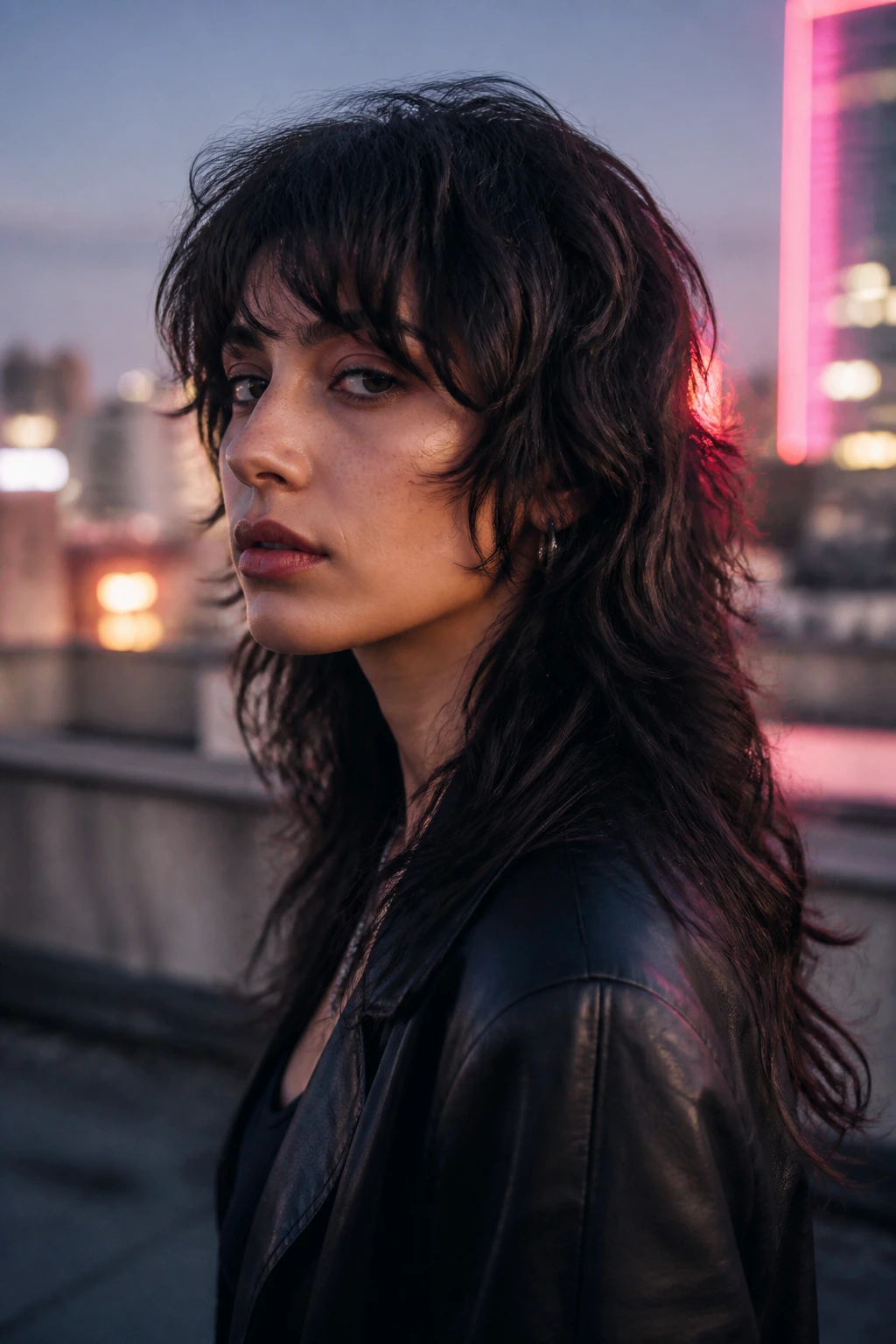 Portrait of a real woman with shag-mullet hybrid long cut against urban dusk backdrop