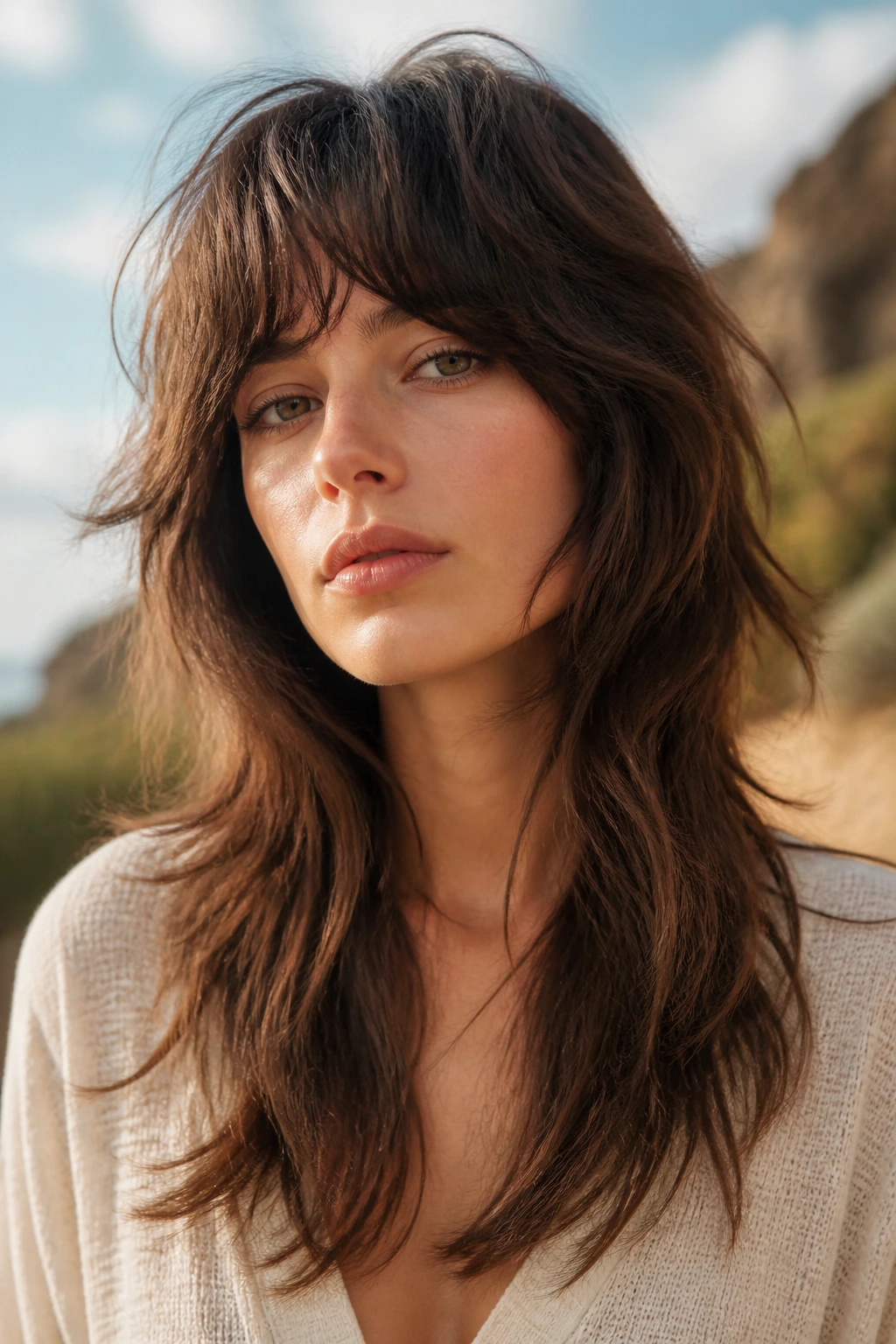 Medium close-up of a person with wolf shag hairstyle showing a longer perimeter