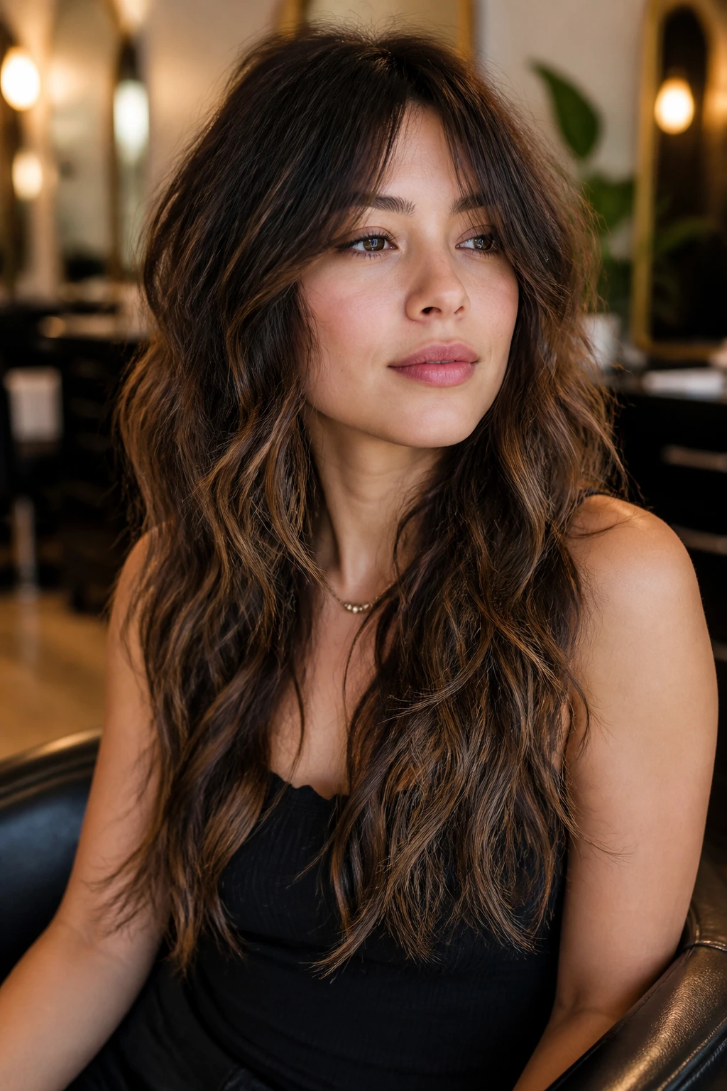 Portrait of a real woman with a Wolf Shag haircut in a salon setting