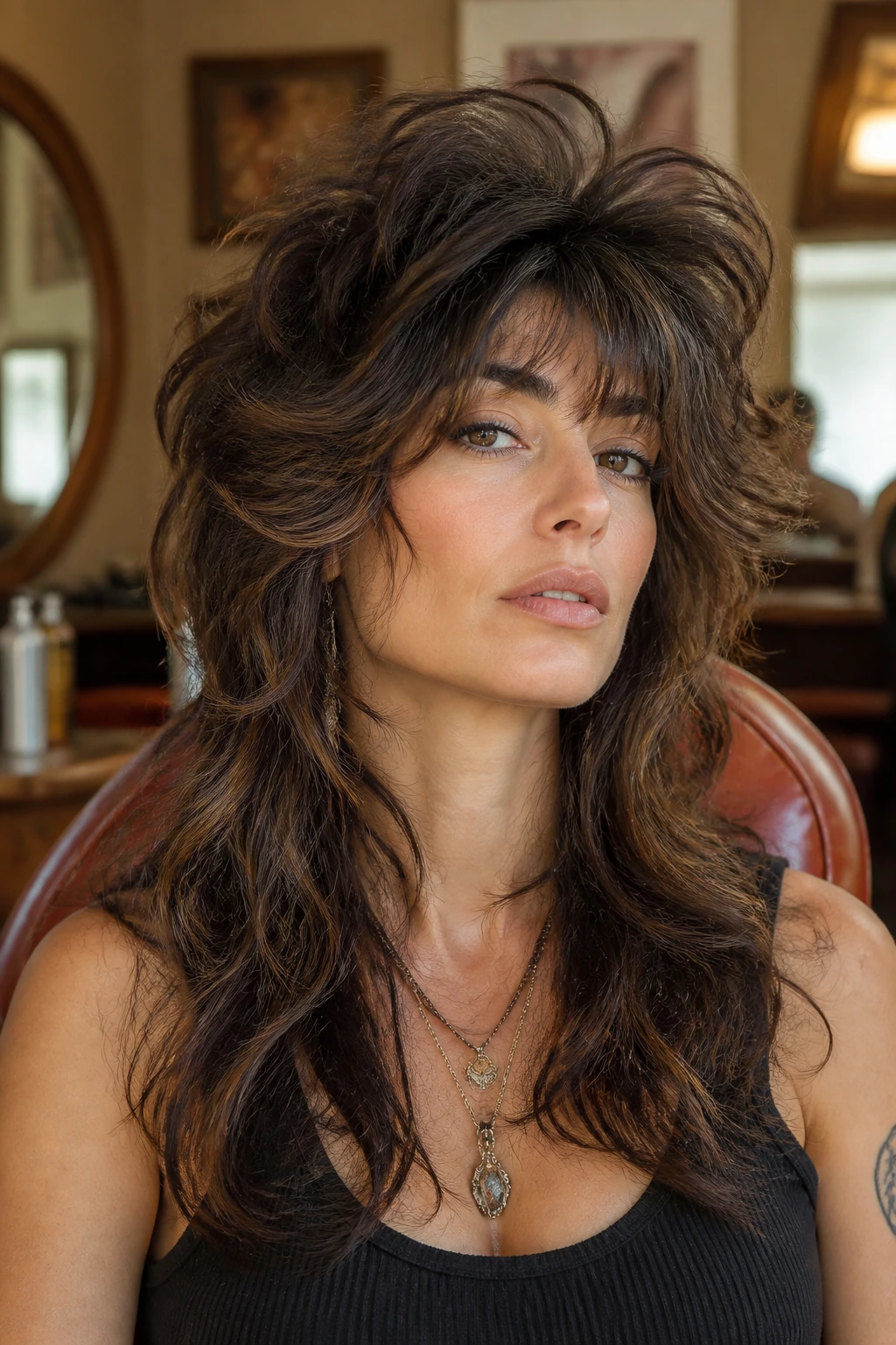 Close-up of a real woman with retro big-hair wolf shag
