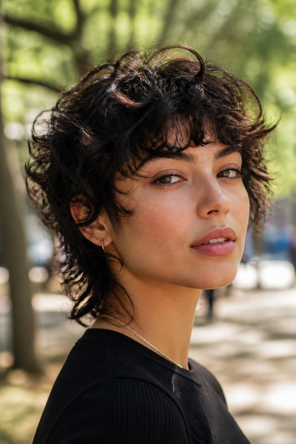 Close-up portrait of a real person with short curly wolf shag hairstyle in a sunny park