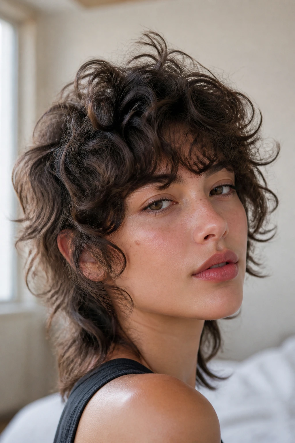 Close-up portrait of a real person with a short curly wolf shag haircut showing a dynamic, living shape.