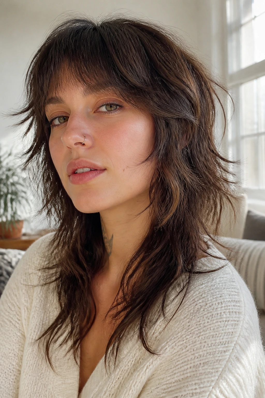 Close-up of real woman with softened wolf shag in sunlit room