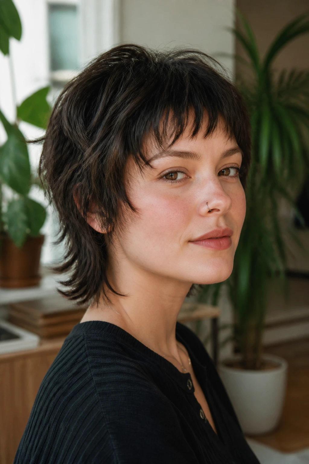 Close-up of a person with cropped wolf shag and wispy fringe