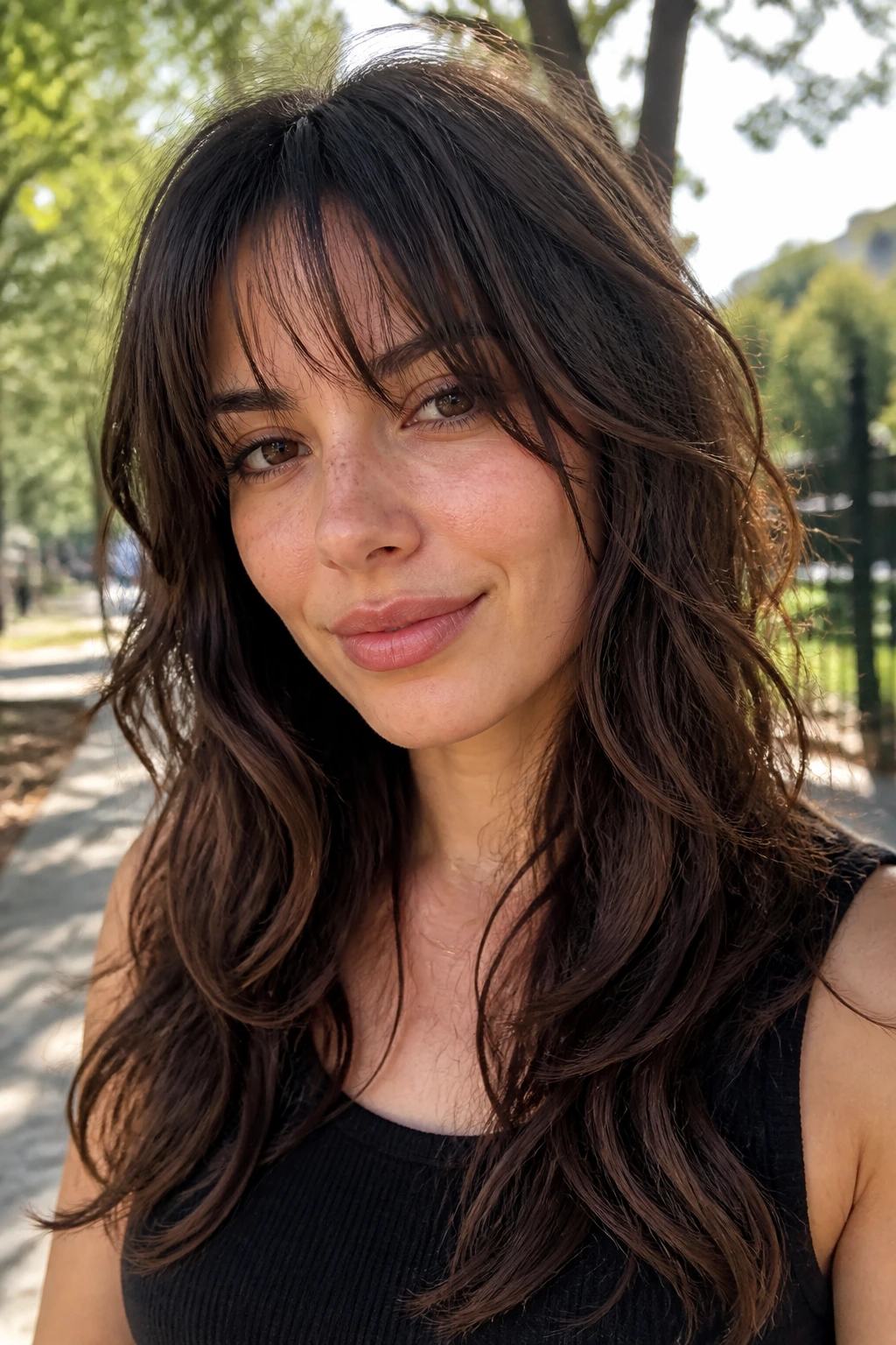 Close-up of a real woman with wispy fringe wolf shag